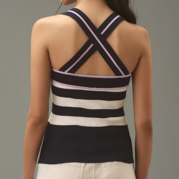 ANTHROPOLOGIE‎ Maeve Button-Front Cross-Back Navy Sweater Tank Top Size M NWT - Picture 3 of 3